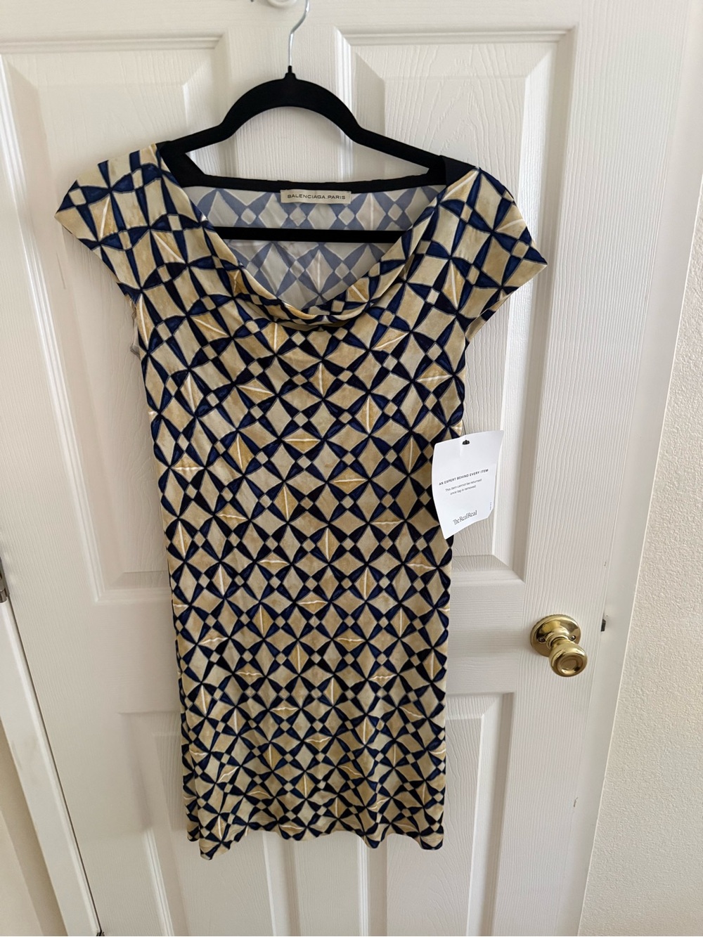 Balenciaga Navy and Cream Geometric Cowl-Neck Mini Dress